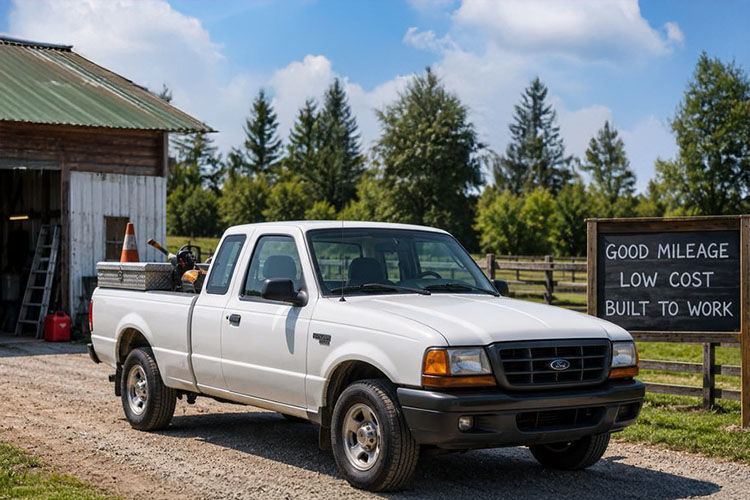 Photorealistic image of an older compact pickup truck parked at a small job site with tools in the bed, representing fuel-efficient used work trucks ideal for daily driving and light-duty work.